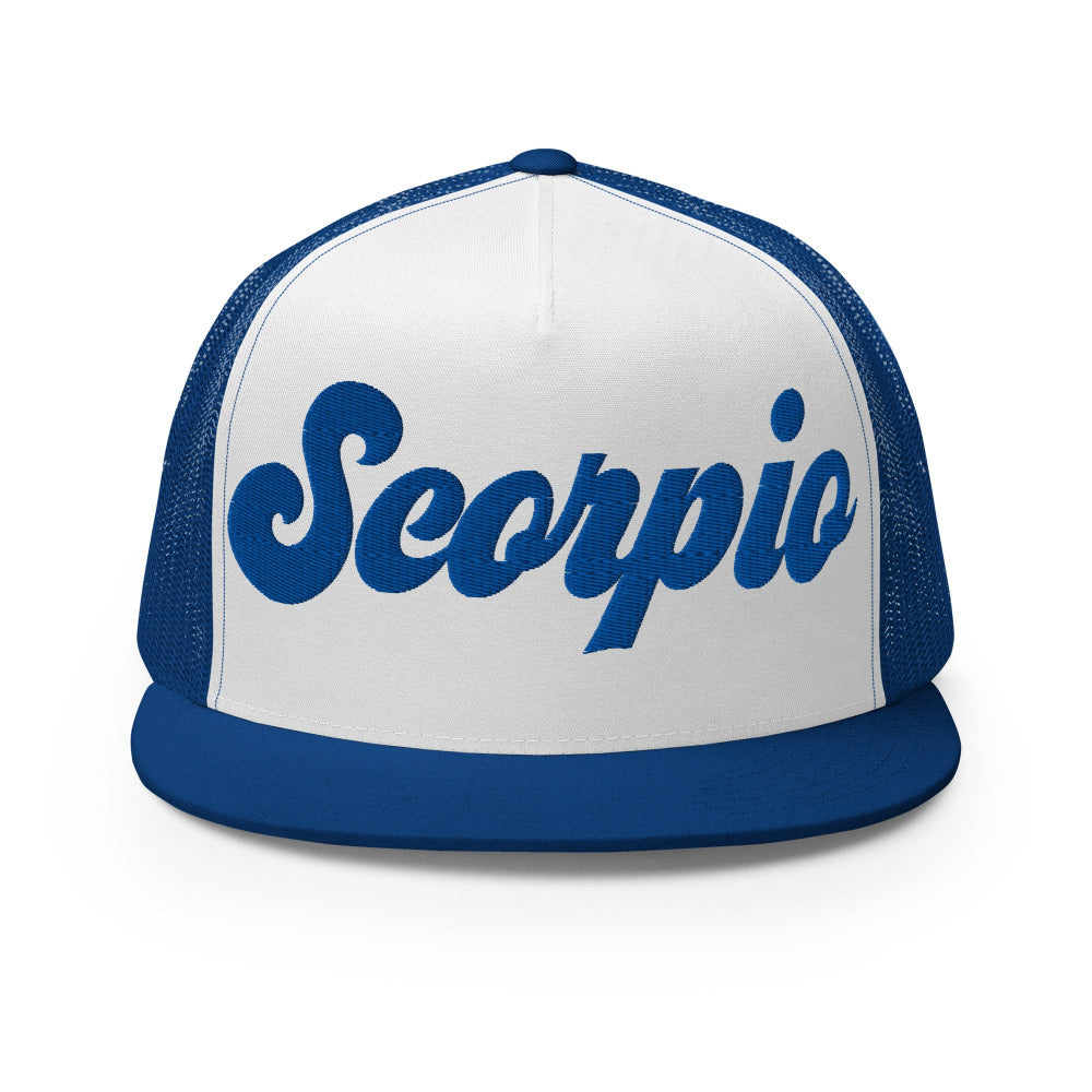 Scorpio Zodiac Embroidered Flat Bill Trucker Hat - Royal/White/Royal Color - https://ascensionemporium.net