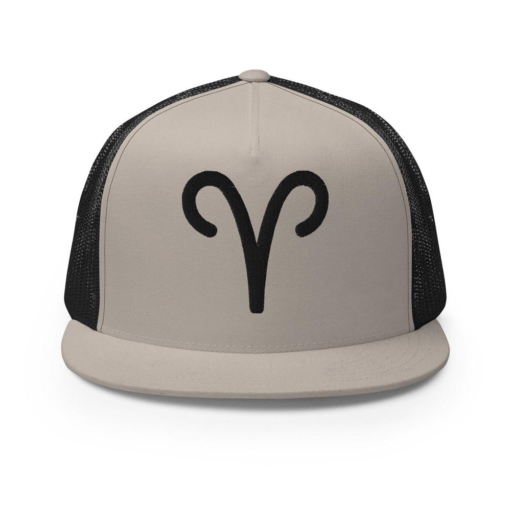 Aries Zodiac Embroidered Flat Bill Trucker Hat - Silver/Black Color - https://ascensionemporium.net