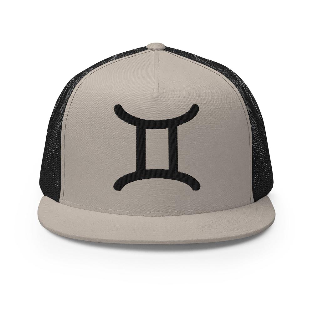 Gemini Zodiac Embroidered Flat Bill Trucker Hat - Silver/Black Color - https://ascensionemporium.net