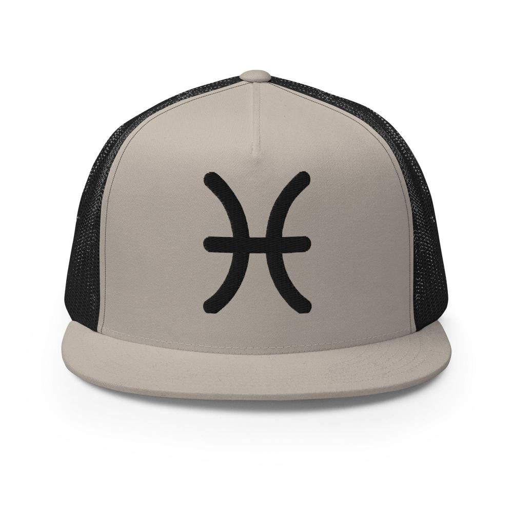 Pisces Zodiac Embroidered Flat Bill Trucker Hat - Silver/Black Color - https://ascensionemporium.net