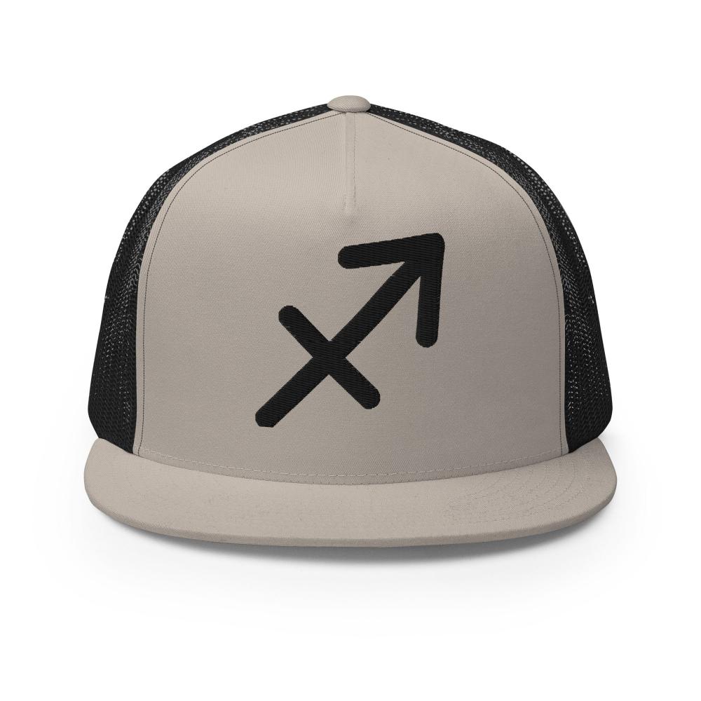 Sagittarius Zodiac Embroidered Flat Bill Trucker Hat - Silver/Black Color - https://ascensionemporium.net