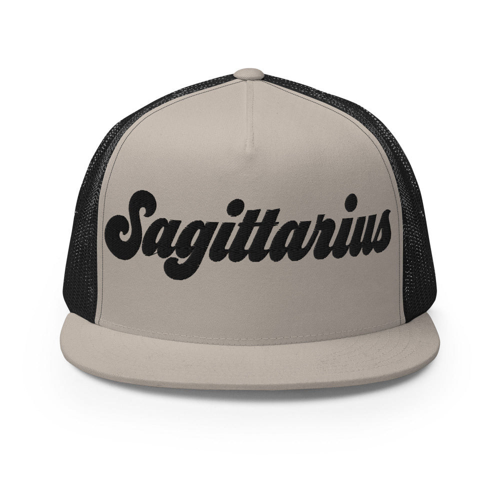 Sagittarius Zodiac Embroidered Flat Bill Trucker Hat - Silver/Black Color - https://ascensionemporium.net
