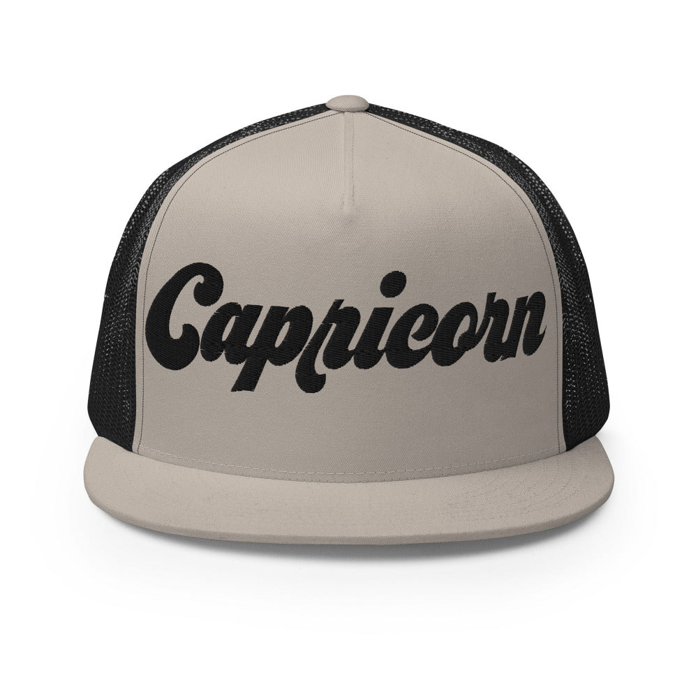 Capricorn Zodiac Embroidered Flat Bill Trucker Hat - Silver/Black Color - https://ascensionemporium.net