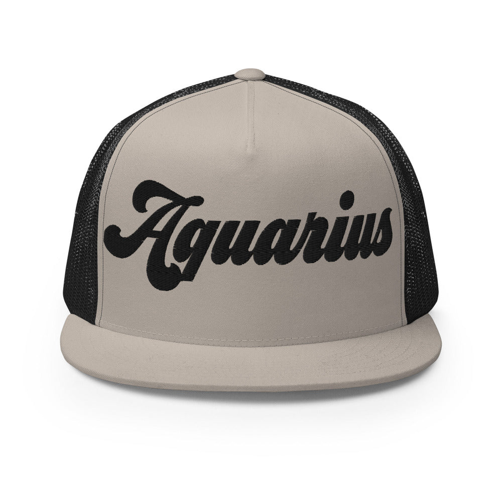 Aquarius Zodiac Embroidered Flat Bill Trucker Hat - Silver/Black Color - https://ascensionemporium.net