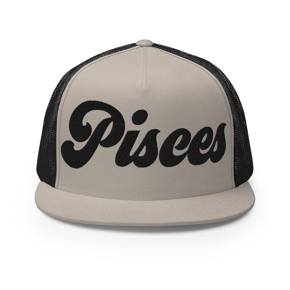 Pisces Zodiac Embroidered Flat Bill Trucker Hat - Silver/Black Color - https://ascensionemporium.net