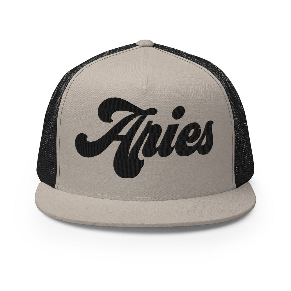 Aries Zodiac Embroidered Flat Bill Trucker Hat - Silver/Black Color - https://ascensionemporium.net