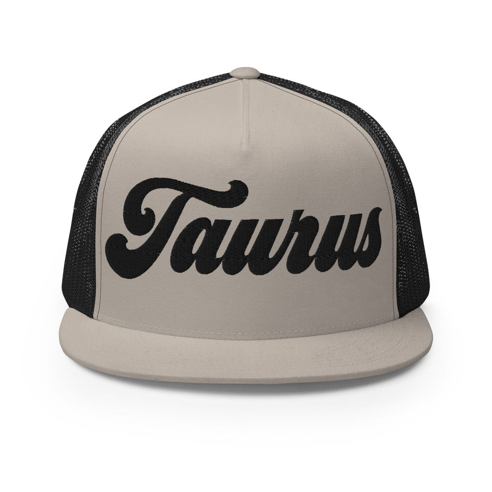 Taurus Zodiac Embroidered Flat Bill Trucker Hat - Silver/Black Color - https://ascensionemporium.net