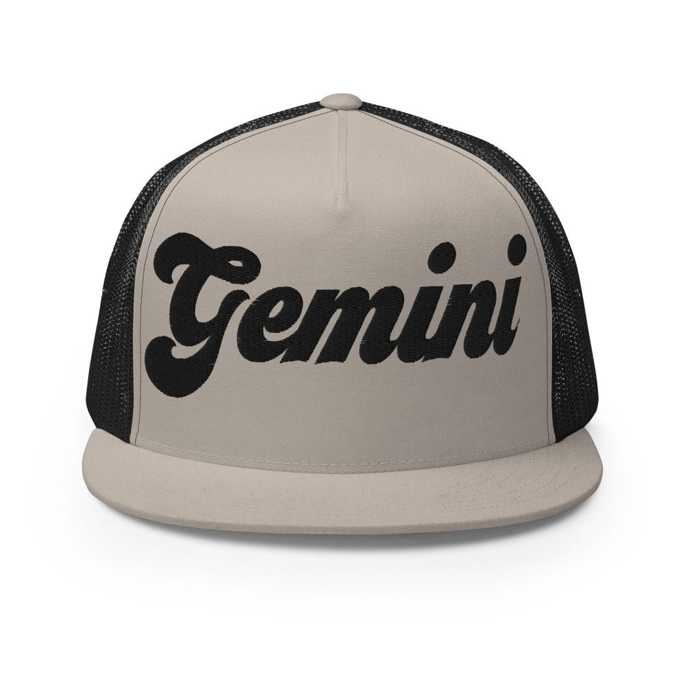 Gemini Zodiac Embroidered Flat Bill Trucker Hat - Silver/Black Color - https://ascensionemporium.net