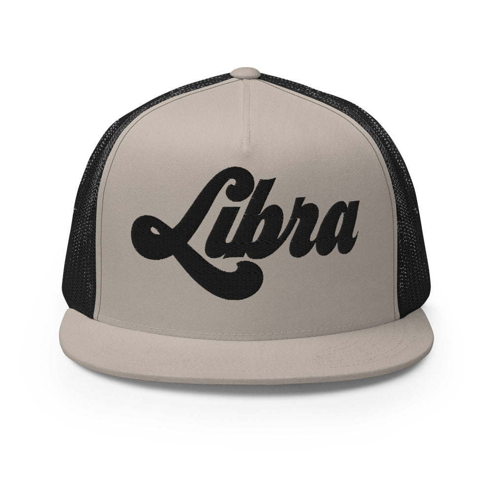 Libra Zodiac Embroidered Flat Bill Trucker Hat - Silver/Black Color - https://ascensionemporium.net