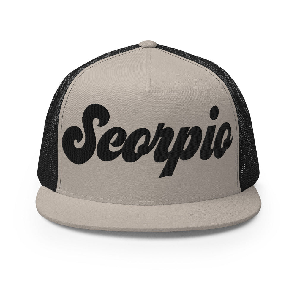 Scorpio Zodiac Embroidered Flat Bill Trucker Hat - Silver/Black Color - https://ascensionemporium.net