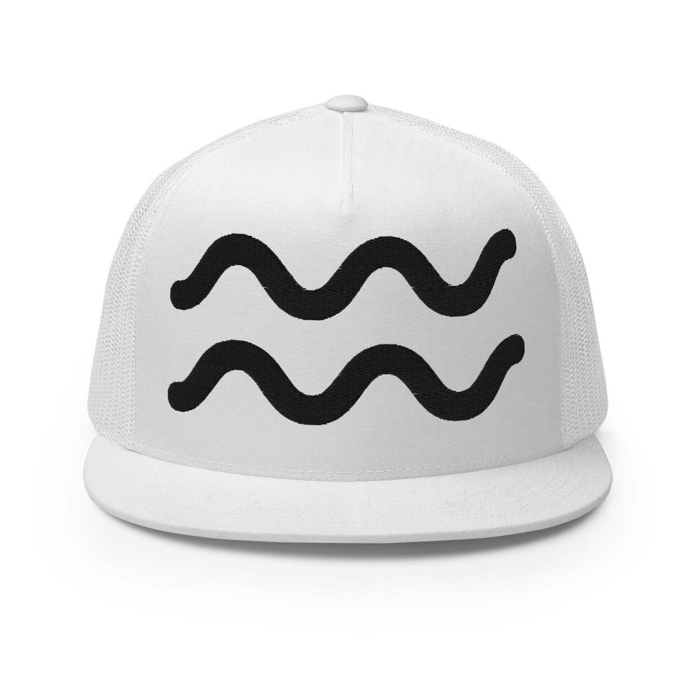 Aquarius Zodiac Embroidered Flat Bill Trucker Hat - White Color - https://ascensionemporium.net