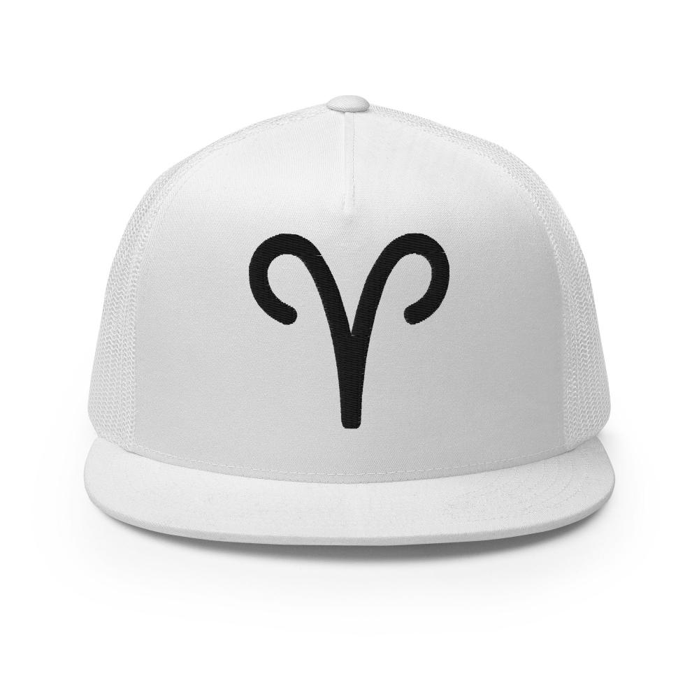Aries Zodiac Embroidered Flat Bill Trucker Hat - White Color - https://ascensionemporium.net