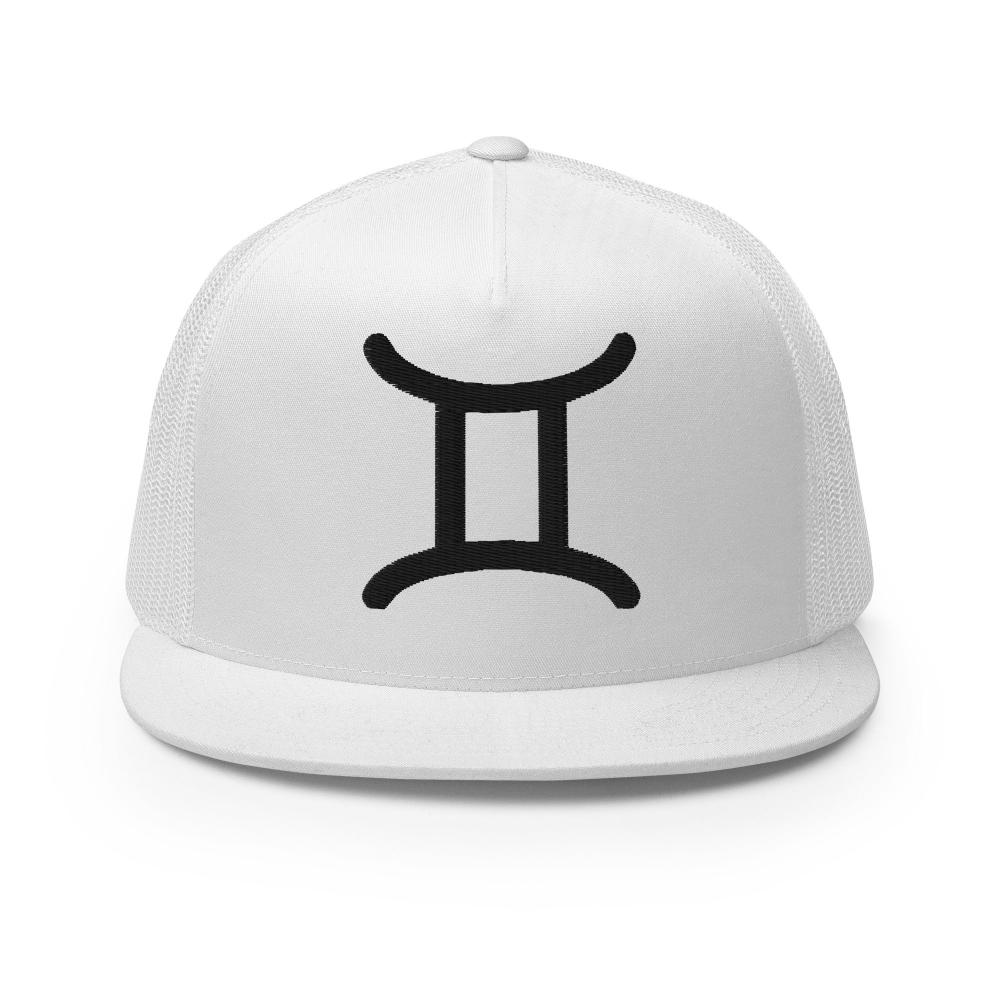 Gemini Zodiac Embroidered Flat Bill Trucker Hat - White Color - https://ascensionemporium.net