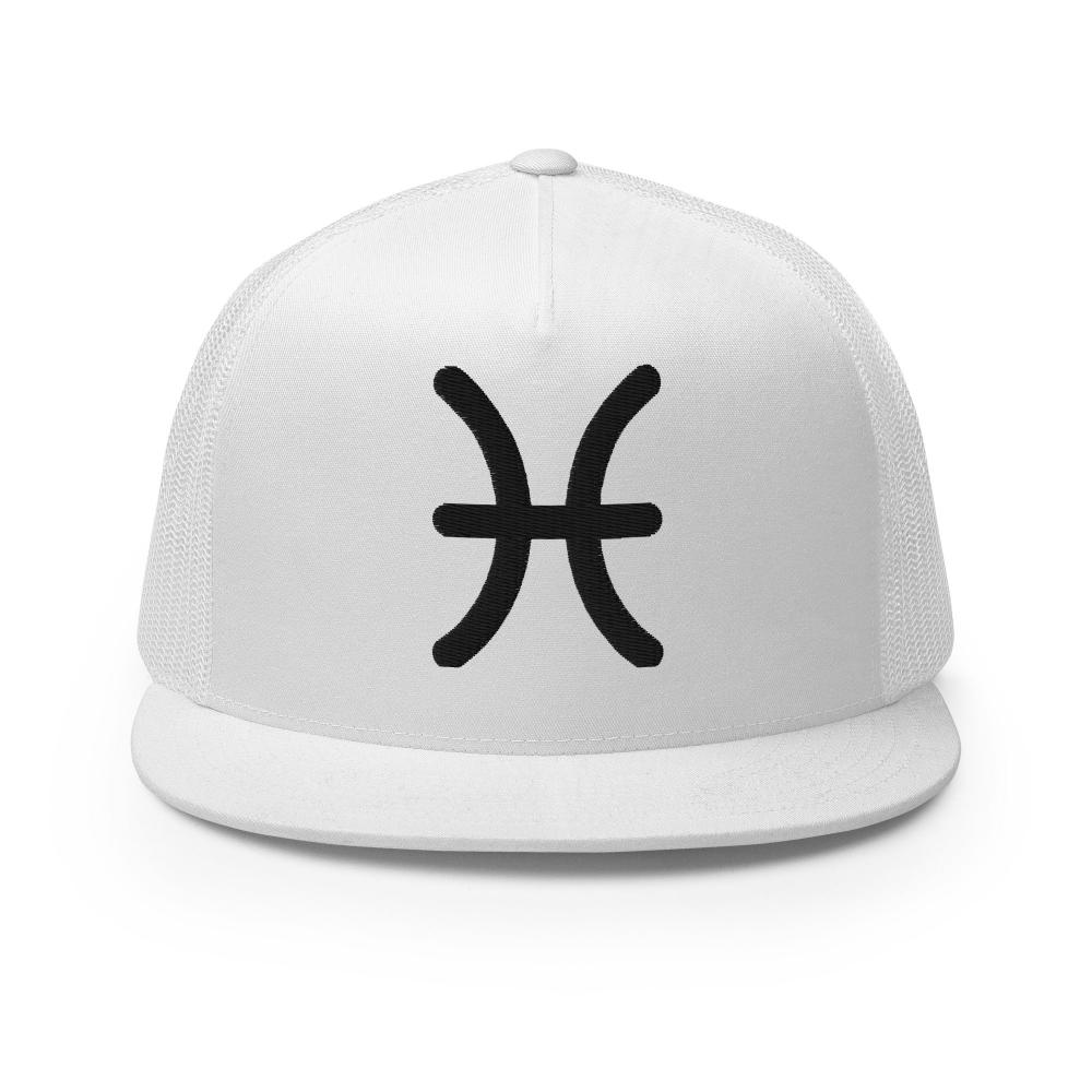 Pisces Zodiac Embroidered Flat Bill Trucker Hat - White Color - https://ascensionemporium.net