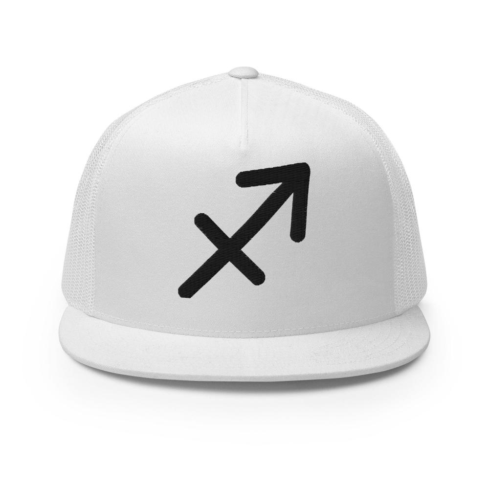 Sagittarius Zodiac Embroidered Flat Bill Trucker Hat - White Color - https://ascensionemporium.net
