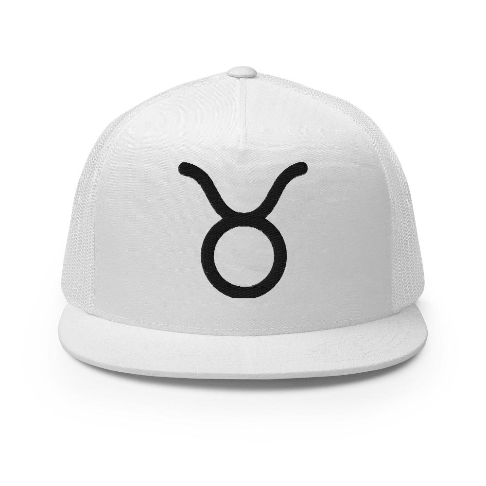 Taurus Zodiac Embroidered Flat Bill Trucker Hat - White Color - https://ascensionemporium.net