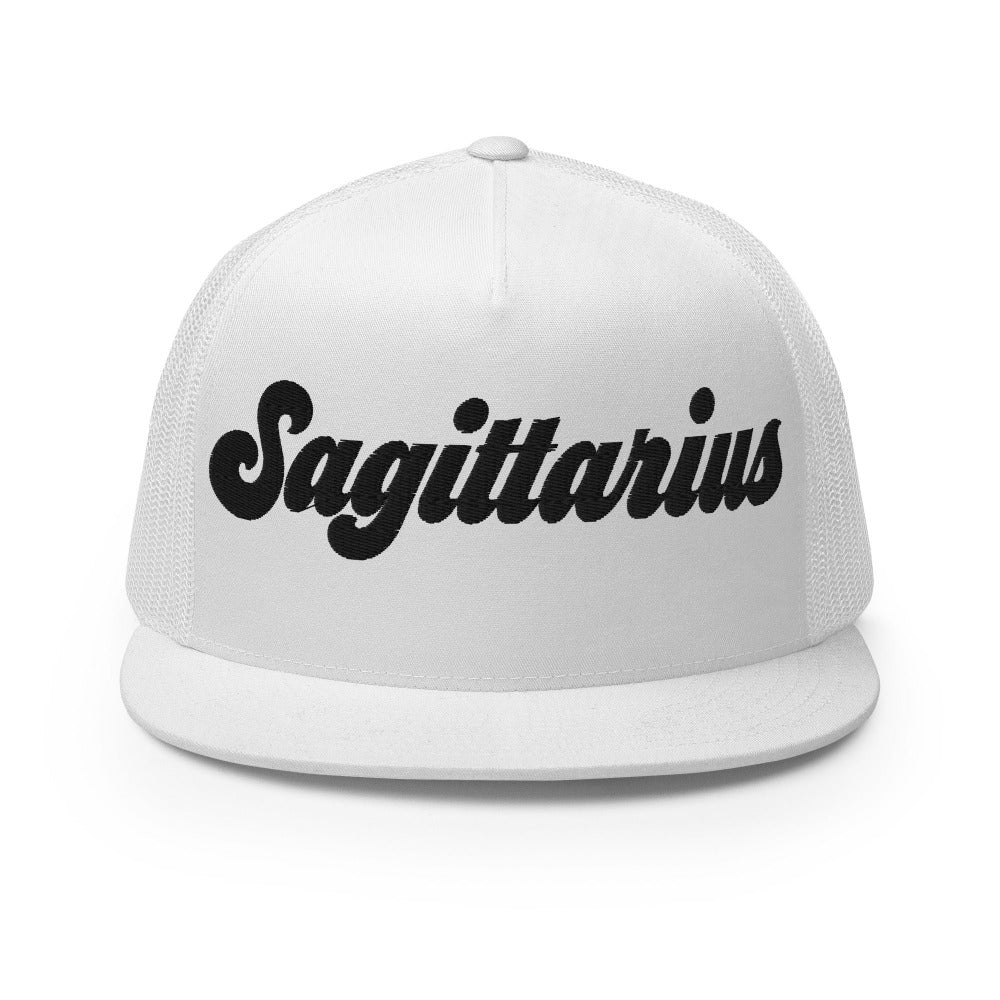 Sagittarius Zodiac Embroidered Flat Bill Trucker Hat - White Color - https://ascensionemporium.net