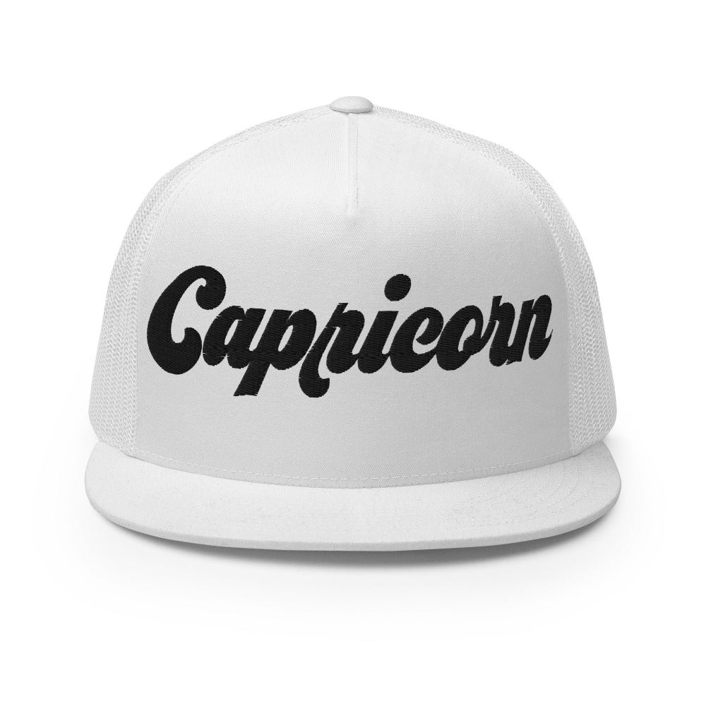 Capricorn Zodiac Embroidered Flat Bill Trucker Hat - White Color - https://ascensionemporium.net