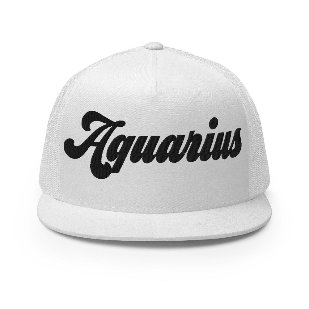 Aquarius Zodiac Embroidered Flat Bill Trucker Hat - White Color - https://ascensionemporium.net