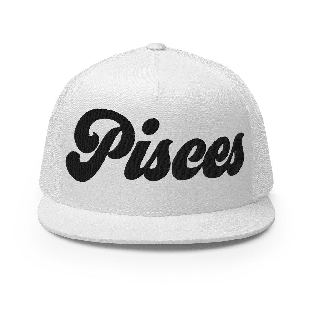 Pisces Zodiac Embroidered Flat Bill Trucker Hat - White Color - https://ascensionemporium.net