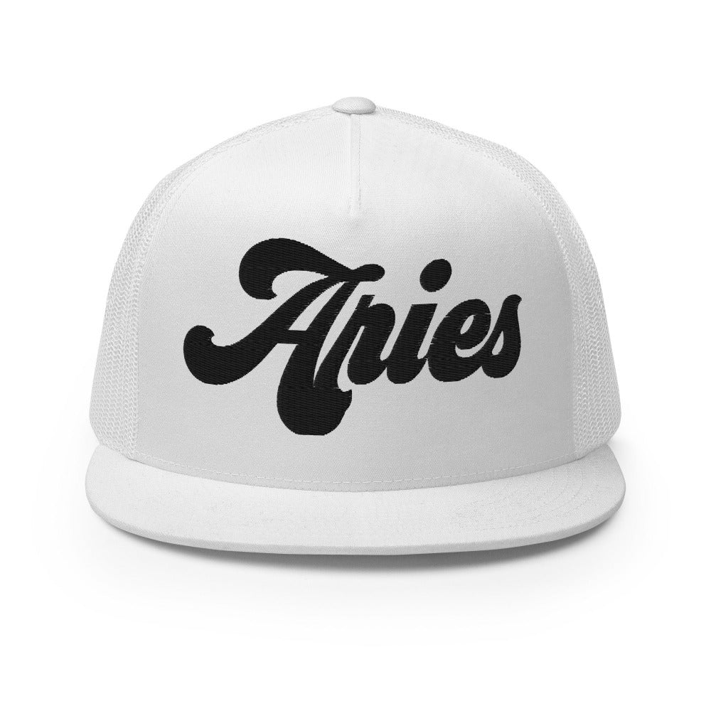 Aries Zodiac Embroidered Flat Bill Trucker Hat - White Color - https://ascensionemporium.net
