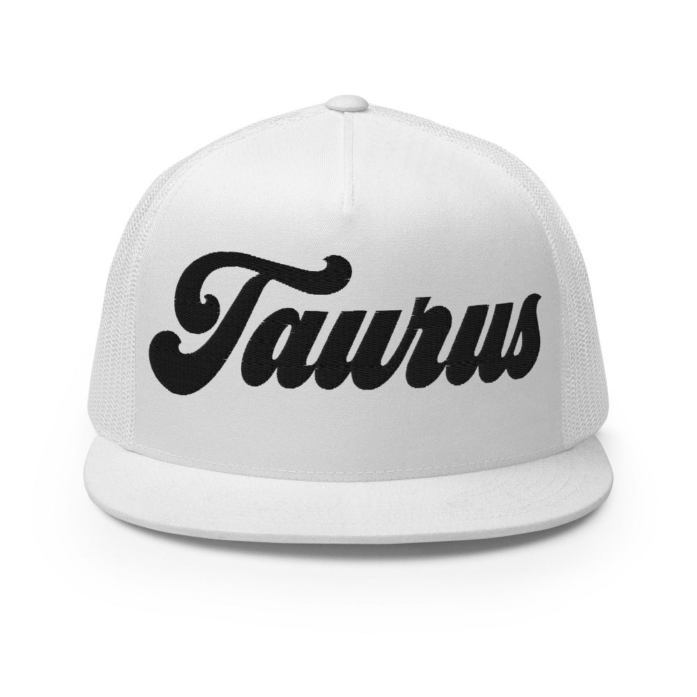 Taurus Zodiac Embroidered Flat Bill Trucker Hat - White Color - https://ascensionemporium.net