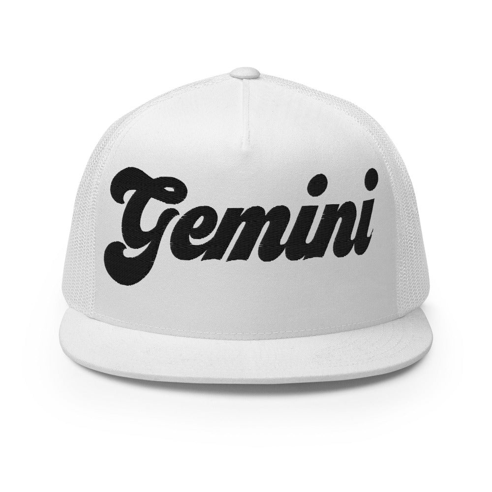 Gemini Zodiac Embroidered Flat Bill Trucker Hat - White Color - https://ascensionemporium.net