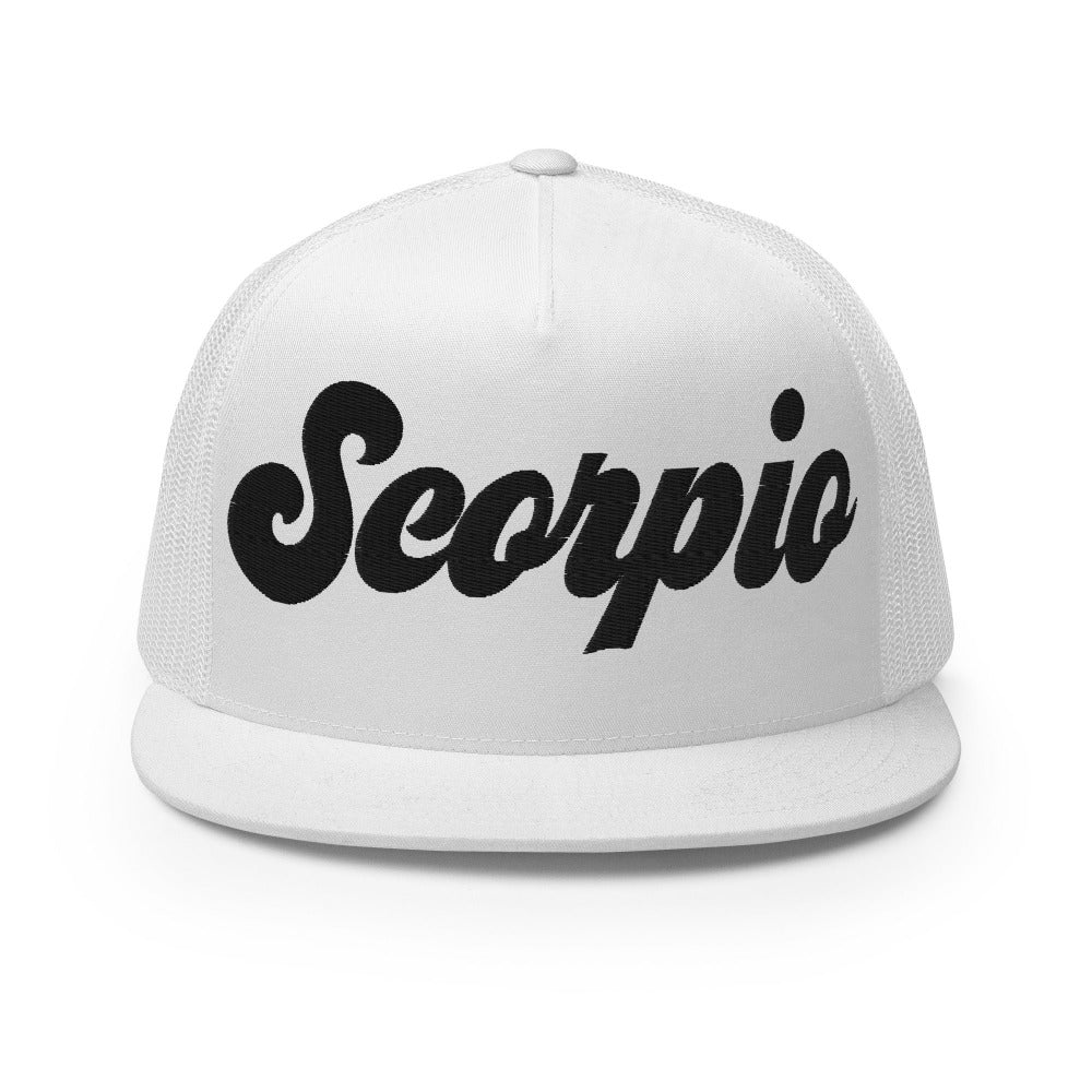 Scorpio Zodiac Embroidered Flat Bill Trucker Hat - White Color - https://ascensionemporium.net