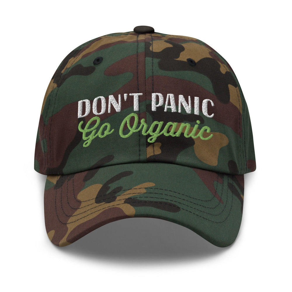 Don't Panic Go Organic Embroidered Cap - Green Camo Color - https://ascensionemporium.net 