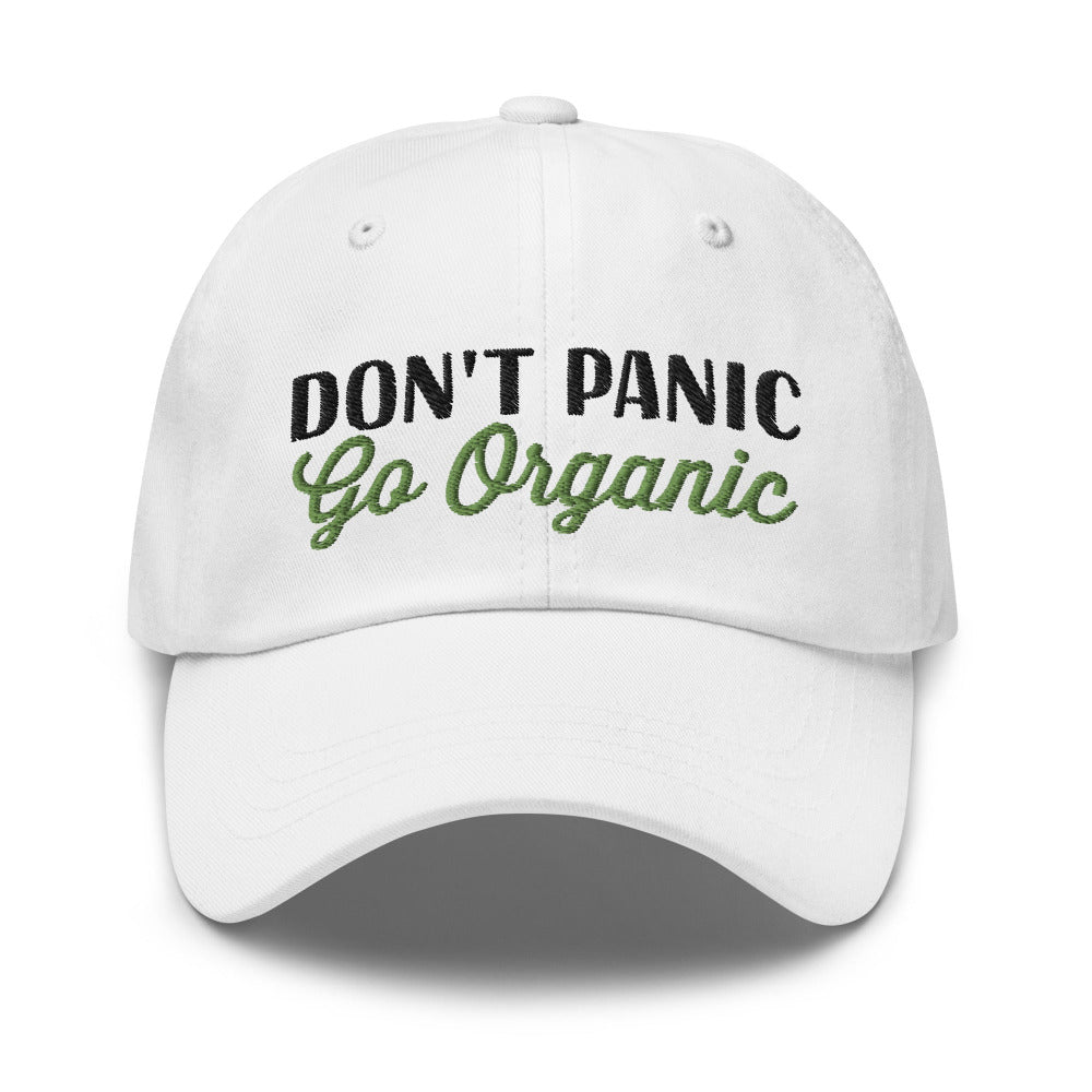 Don't Panic Go Organic Embroidered Cap - White Color - https://ascensionemporium.net 