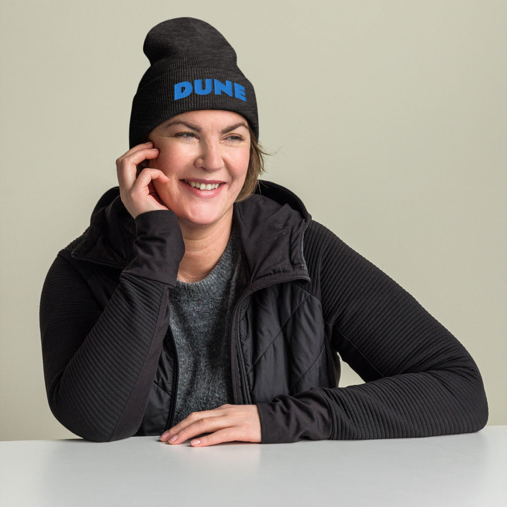 Dune Cuffed Beanie with Blue Stitch Embroidery - Dark Grey