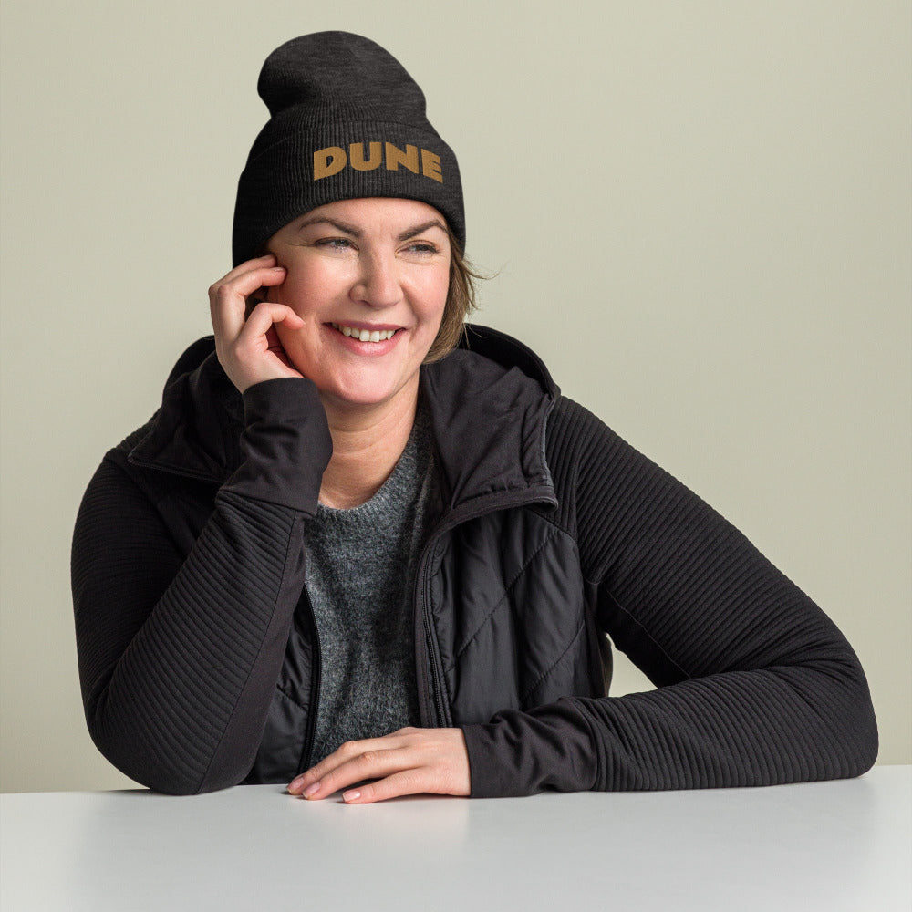Dune Cuffed Beanie with Blue Stitch Embroidery - Dark Grey