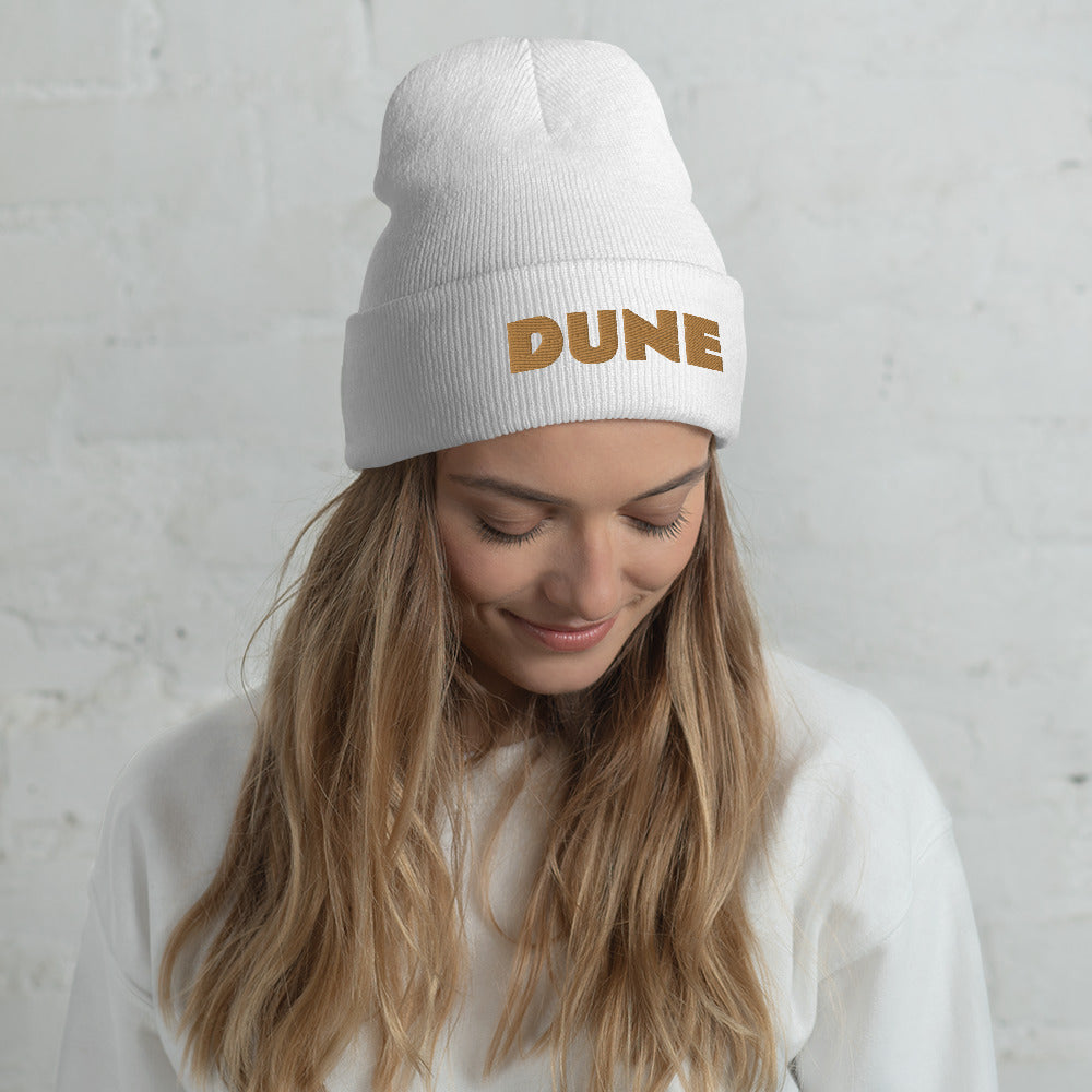 Dune Cuffed Beanie with Blue Stitch Embroidery - White