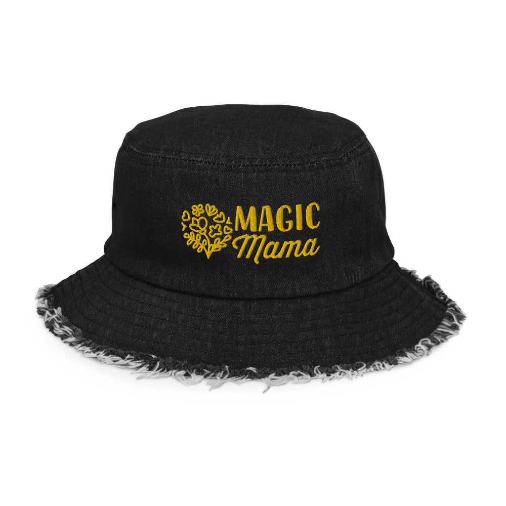 Magic Mama Embroidered Distressed Denim Bucket Hat - Black Color - https://ascensionemporium.net