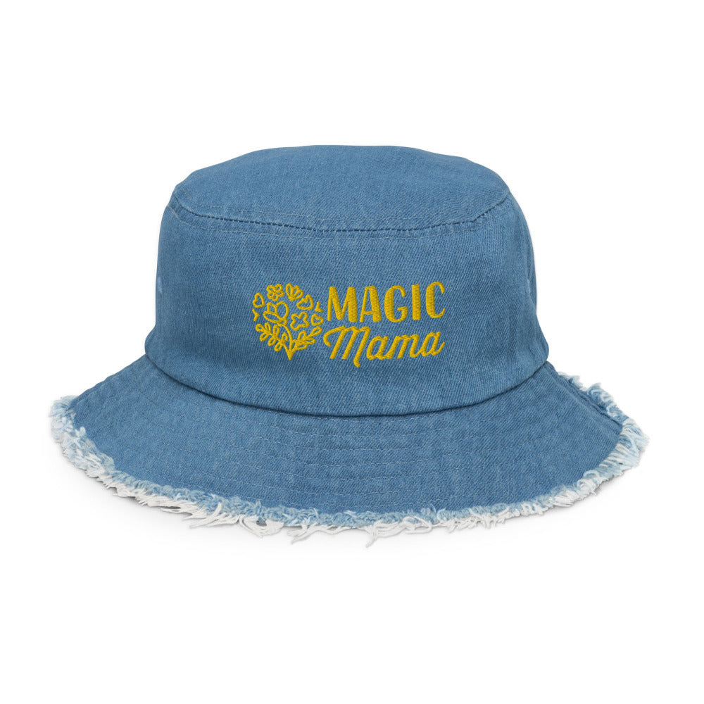 Magic Mama Embroidered Distressed Denim Bucket Hat - Light Denim Color - https://ascensionemporium.net