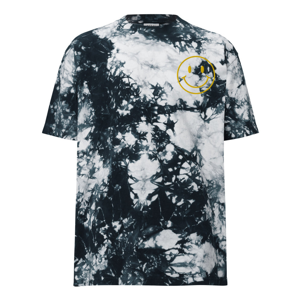 Happy Smiley Face Embroidered Oversized Tie Dye TShirt - Black & White Color - https://ascensionemporium.net