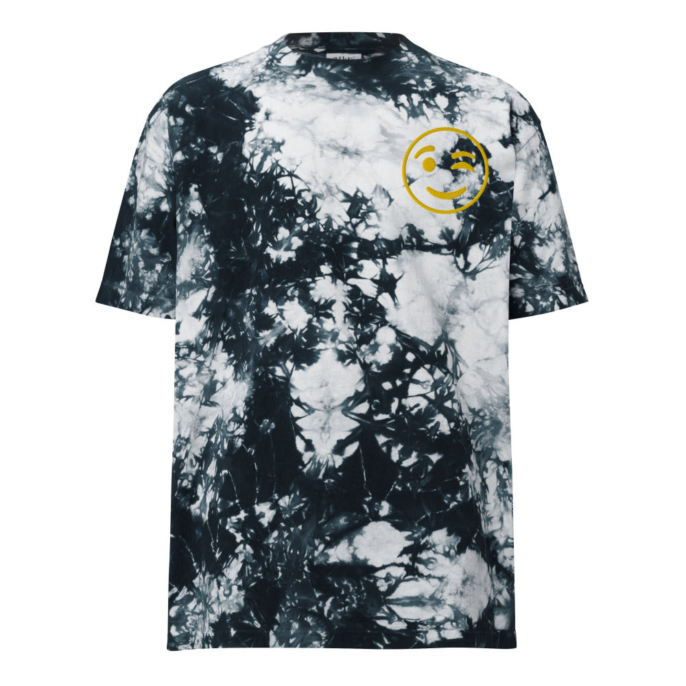 Winking Smiley Face Embroidered Oversized Tie-Dye TShirt - Black & White Color - https://ascensionemporium.net