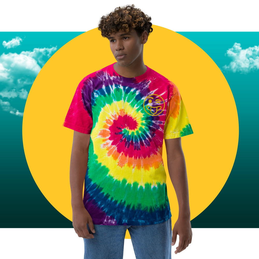 Winking Tongue Sticking Out Face Embroidered Oversized Tie-Dye TShirt - Classic Rainbow Color - https://ascensionemporium.net