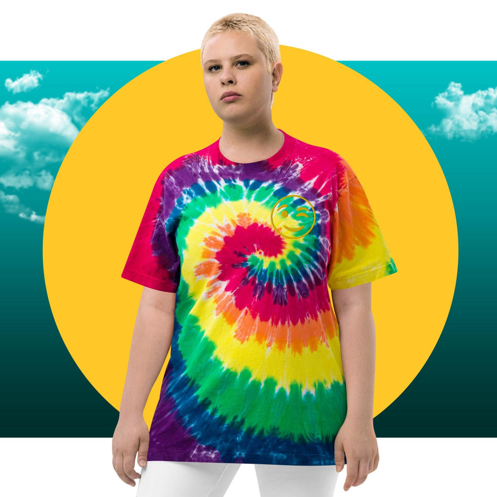 Happy Face Smiley Embroidered Oversized Tie-Dye TShirt - Classic Rainbow Color - https://ascensionemporium.net