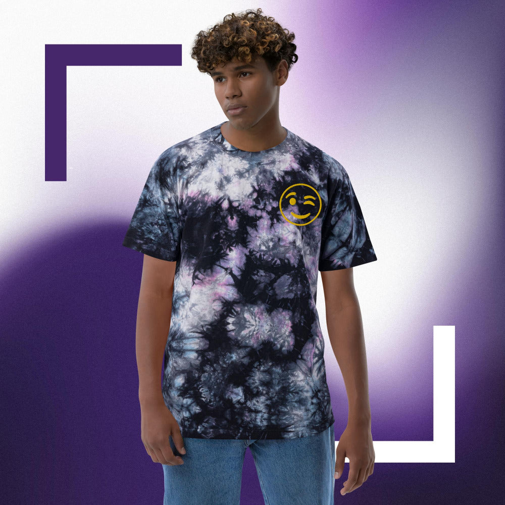 Winking Smiley Face Embroidered Oversized Tie-Dye TShirt - Milky Way Color - https://ascensionemporium.net