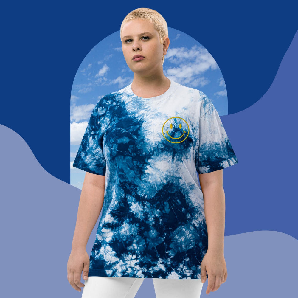 Happy Smiley Face Embroidered Oversized Tie-Dye TShirt - Navy & White Color - https://ascensionemporium.net