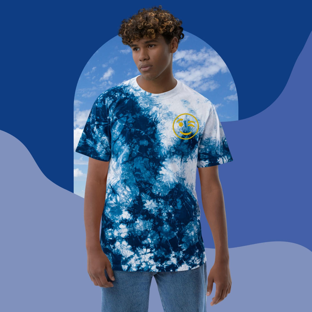 Winking Smiley Face Embroidered Oversized Tie-Dye TShirt - Navy & White Color - https://ascensionemporium.net