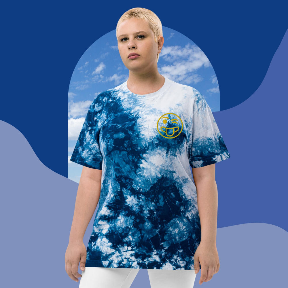 Winking Tongue Sticking Out Face Embroidered Oversized Tie-Dye TShirt - Navy & White Color - https://ascensionemporium.net