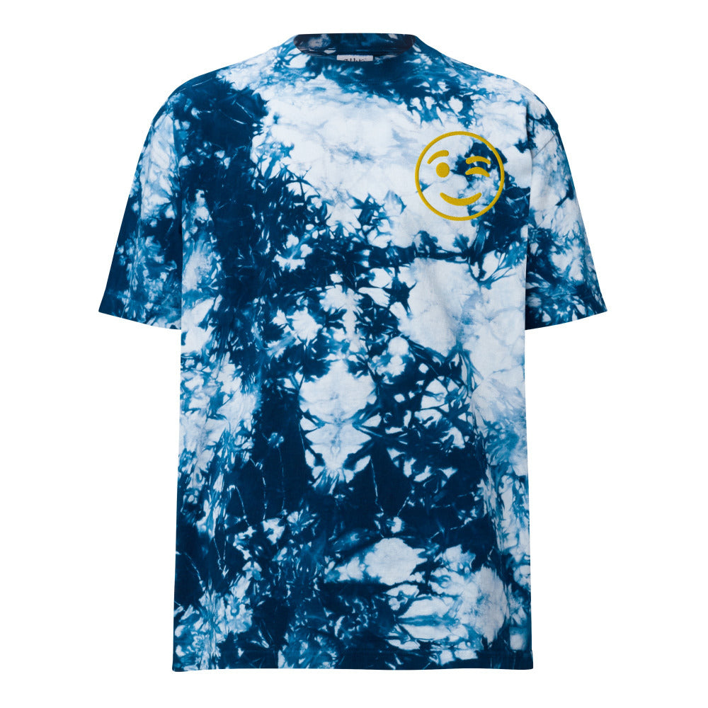 Winking Smiley Face Embroidered Oversized Tie-Dye TShirt - Navy & White Color - https://ascensionemporium.net