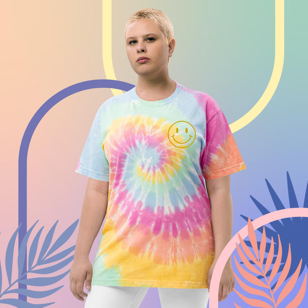 Happy Smiley Face Embroidered Oversized Tie-Dye TShirt - Sherbert Rainbow Color - https://ascensionemporium.net