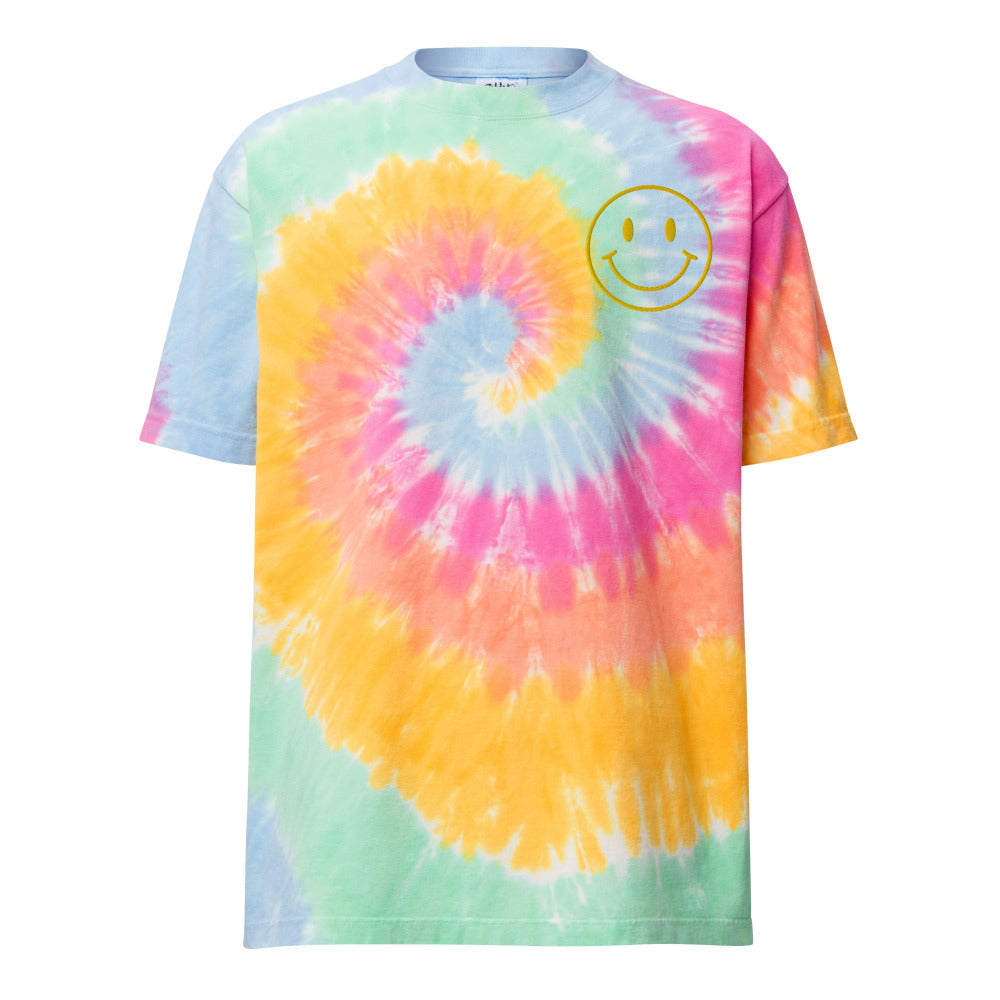 Happy Smiley Face Embroidered Oversized Tie Dye TShirt - Sherbert Rainbow Color - https://ascensionemporium.net