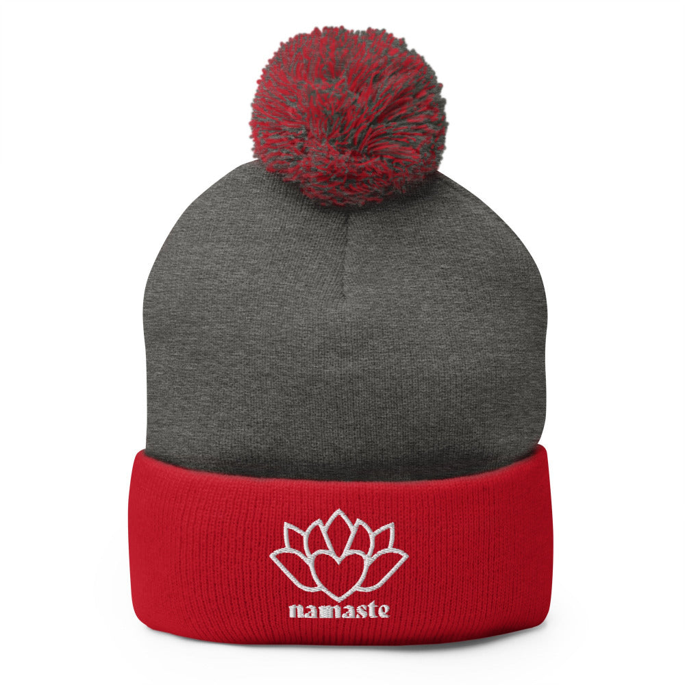 Namaste Pom-Pom Beanie -  Dark Heather Grey/Red