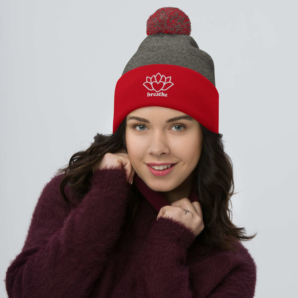 Breathe Pom-Pom Beanie - Dark Heather Grey/Red