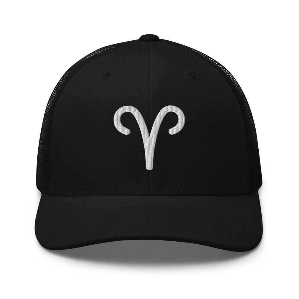 Aries Zodiac Embroidered Curved Bill Trucker Hat - Black Color - https://ascensionemporium.net