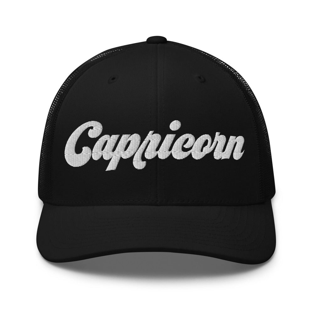 Capricorn Zodiac Embroidered Curved Bill Trucker Hat - Black Color - https://ascensionemporium.net